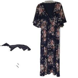 Floral Navy Maxi Dress Bell Short Sleeves Pull Over NWOT Size 1X